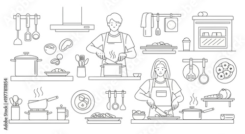 Couple Cooking Together in Kitchen - Line Art Illustration
