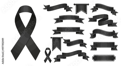 Black Ribbon and Banners Set for Mourning, Grief, and Condolence