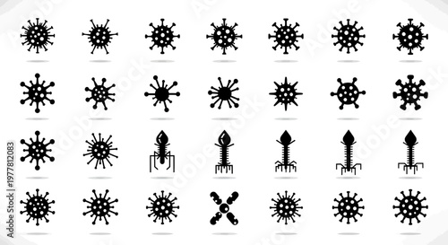 Collection of Black Virus and Bacteriophage Icons on White Background