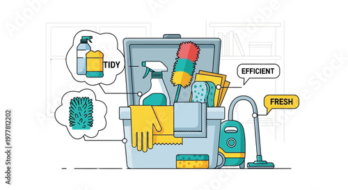 Cleaning supplies in a bucket with vacuum cleaner and sponges, tidy, efficient, fresh