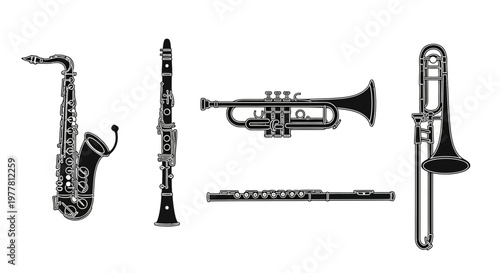 Set of wind instruments: saxophone, clarinet, trumpet, flute, trombone