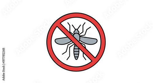 Vector control graphic icon a mosquito inside a red prohibition circle, symbolizing pest prevention, insect repellent, and public health efforts against disease transmission