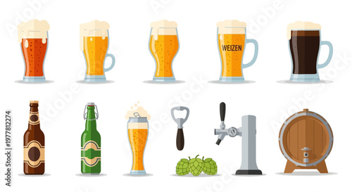 Beer Assortment: Glasses, Bottle, Barrel, Hops, Tap, Opener - Craft Beverage Collection