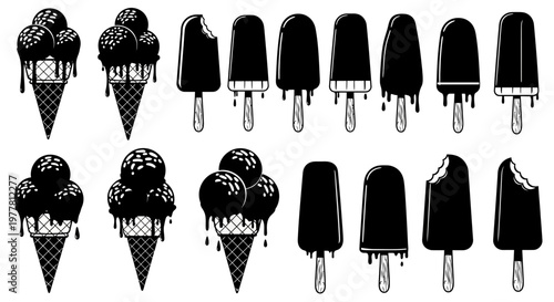 Black Ice Cream Cones and Popsicles Set: Drips, Bites, and Melts