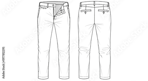 Fashion Flat Sketch: Men's Chinos Pants Front and Back View