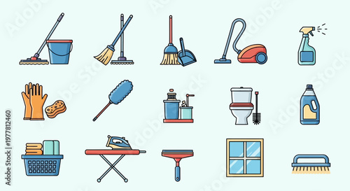 Cleaning Supplies Icons Set: Mop, Broom, Vacuum, Gloves, Toilet Brush, Sprayer