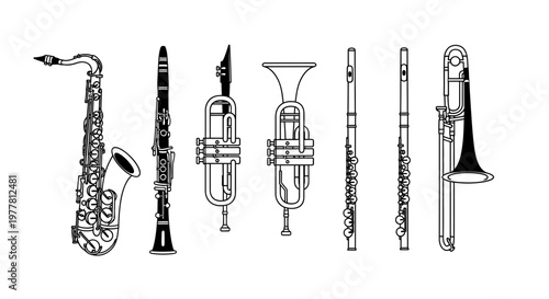 Collection of Musical Instruments: Saxophone, Clarinet, Trumpet, Flute, Trombone