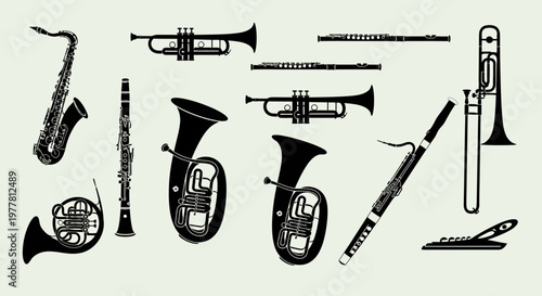 Collection of Musical Instruments Silhouettes: Brass and Woodwind Instruments