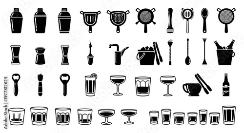 Cocktail Bar Tools and Glassware Collection: Shakers, Strainers, Jiggers, Ice Buckets, Glasses