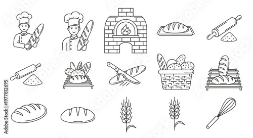 Bakery Icons: Chefs, Bread, Oven, Rolling Pin, Whisk, Wheat - Line Art Collection