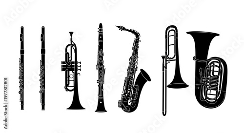 Collection of Musical Instruments Silhouettes: Flute, Trumpet, Clarinet, Saxophone, Trombone, Tuba