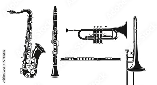 Musical Instruments Collection: Saxophone, Clarinet, Trumpet, Flute, Trombone