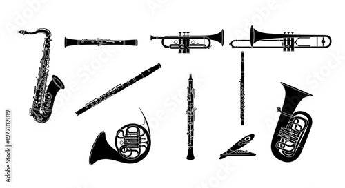Musical Instruments Silhouette Collection: Brass and Woodwind Instruments