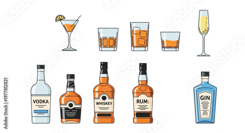 Alcoholic Drinks Collection: Bottles and Cocktails Assortment