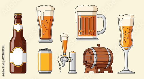 Beer Assortment: Bottle, Can, Mug, Glass, Tap, and Barrel