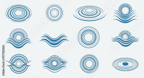 Blue Water Ripple Icons Set, Abstract Circular Waves and Droplet Designs