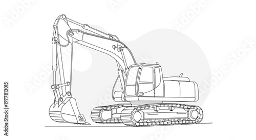 Excavator line drawing, heavy construction machinery, industrial equipment outline