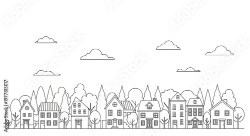 Charming Suburban Street Scene: Outline Houses with Trees and Clouds