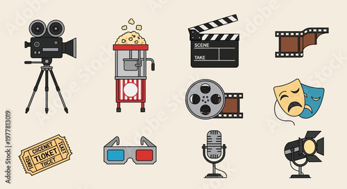 Cinema Icons: Movie Camera, Popcorn, Clapperboard, Film Reel, Tickets, 3D Glasses