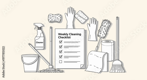 Weekly Cleaning Checklist and Supplies: Mop, Broom, Gloves, Sprayer, Bucket, Sponges