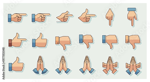 Collection of Hand Gestures Icons: Pointing, Thumbs Up, Thumbs Down, Praying Hands