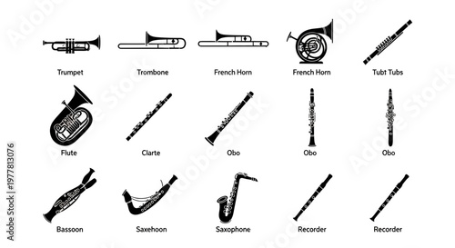 Collection of Musical Instruments: Brass and Woodwind Silhouettes
