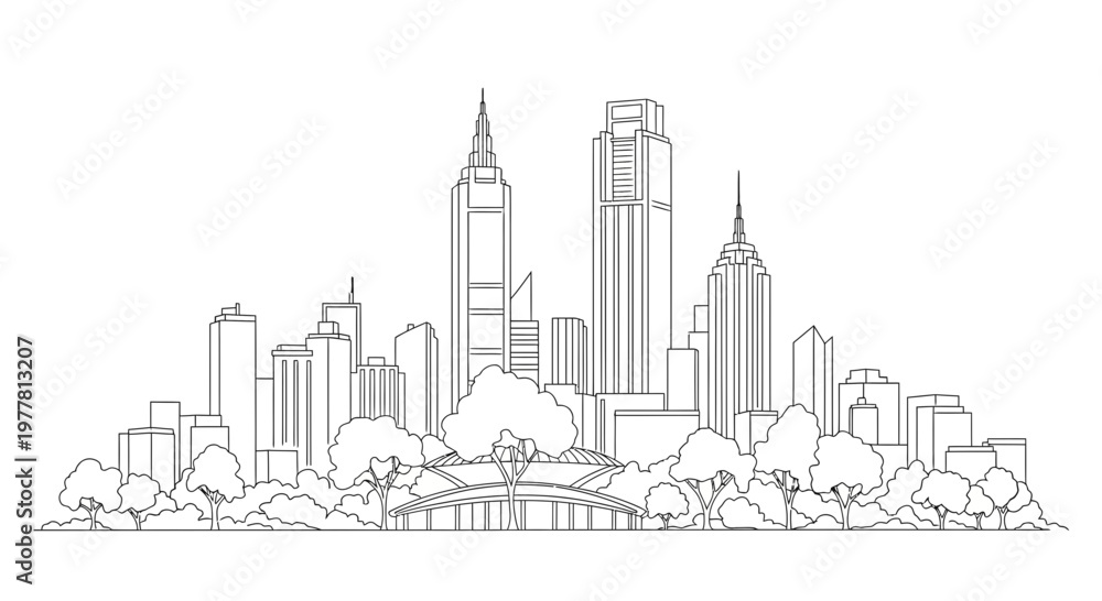 Fototapeta premium Modern City Skyline with Green Park and Traditional Asian Building