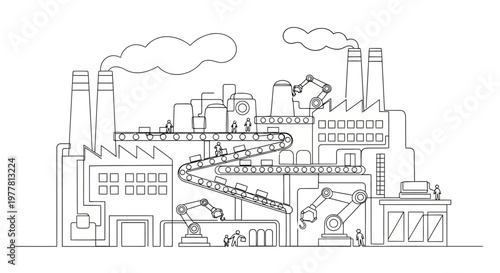 Modern factory with robotic arms and conveyor belts, industrial automation concept
