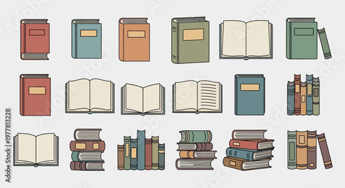 Collection of Various Books, Open and Closed, Stacked and Standing