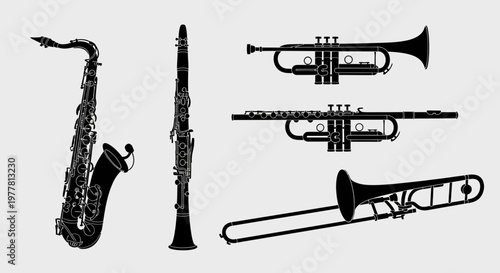 Musical Instruments Silhouettes: Saxophone, Clarinet, Trumpet, Flute, Trombone