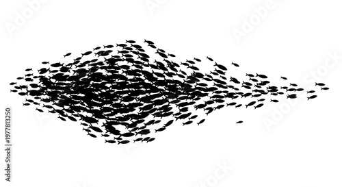 School of Fish Silhouettes Swimming in Formation, Underwater Ocean Life