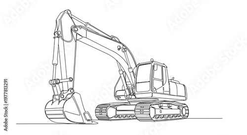 Excavator line art drawing, heavy construction machinery, digger outline, industrial equipment