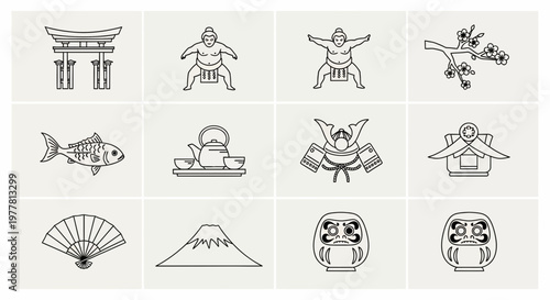 Japanese Culture Icons: Torii Gate, Sumo, Sakura, Koi Fish, Tea Set, Samurai Helmet, Mt Fuji