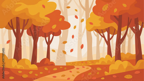 Autumn forest landscape, fall season scenery, vector illustration, orange and yellow trees