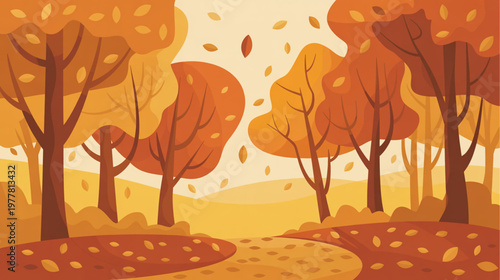 Autumn landscape, fall season, vector illustration, orange trees, leafy scenery