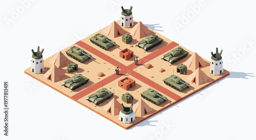Isometric 3D military base illustration showcasing tanks and watchtowers arranged strategically on a desert-themed vector grid, rendered with a clean, minimalist style against a bright