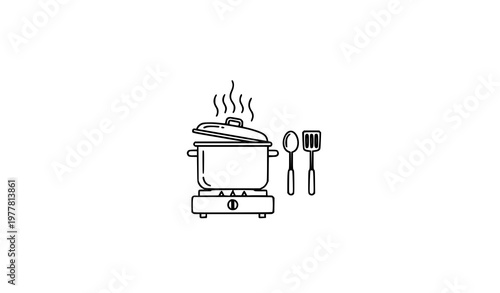 Minimal cooking pot on stove line art with steam and utensils simple black outline kitchen vector