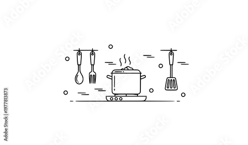 Cooking pot on stove with utensils line art minimal black and white kitchen scene vector