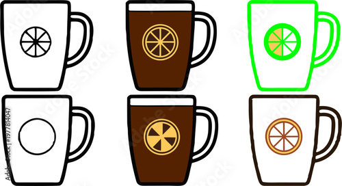 Hot Winter Beverage and Mulled Wine Mug Icon Set with Citrus Slice: Versatile Vector Collection for Cafe Menus, Holiday Drinks, and Cozy Tea Branding