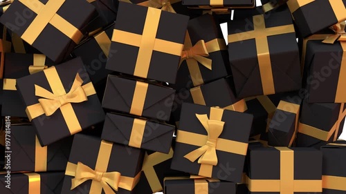 3D animation of black gift boxes falling on white background, Big Sale or Special Limited Offer concept