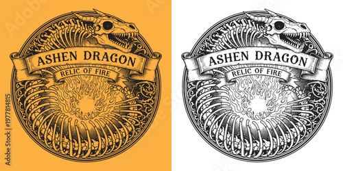 Ashen Dragon Relic of Fire Illustration of Skeletal Dragon Circling Eternal Flame