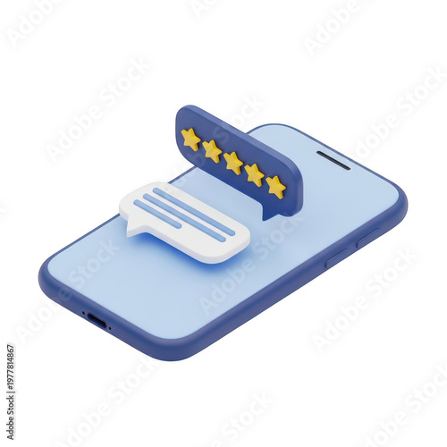 Smartphone with five star rating and speech bubbles smartphone feedback customer communication
