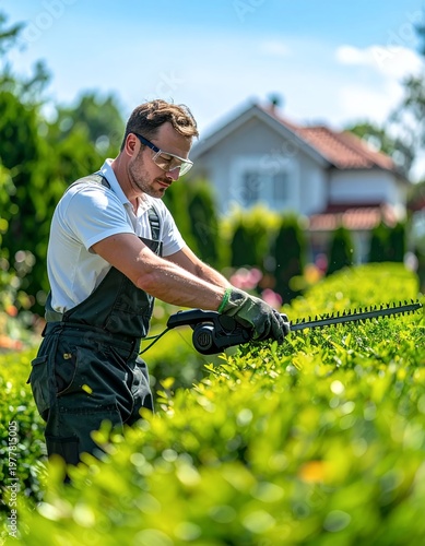Man Trimming Hedges in Garden with Electric Hedge Trimmer.