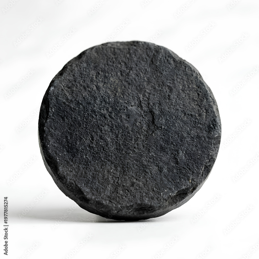 Fototapeta premium Closeup of a dark textured circular stone object on white background.