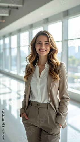 Free Download Smiling Young Businesswoman Standing in Modern Office Hallway. - GFXLoad