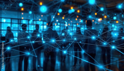 A group of people standing in a modern office space with a network of glowing blue lines and dots