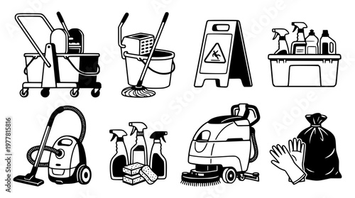 Cleaning supplies and tools vector graphic illustration set