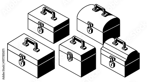 Various types of locked treasure chests and boxes