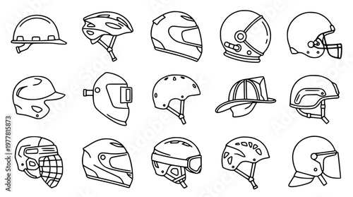 Various helmets for different sports and professions illustrated