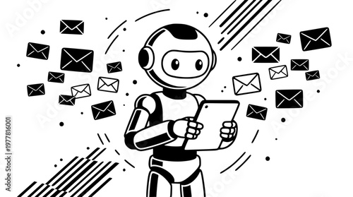 Robot interacting with a tablet amidst flying envelopes